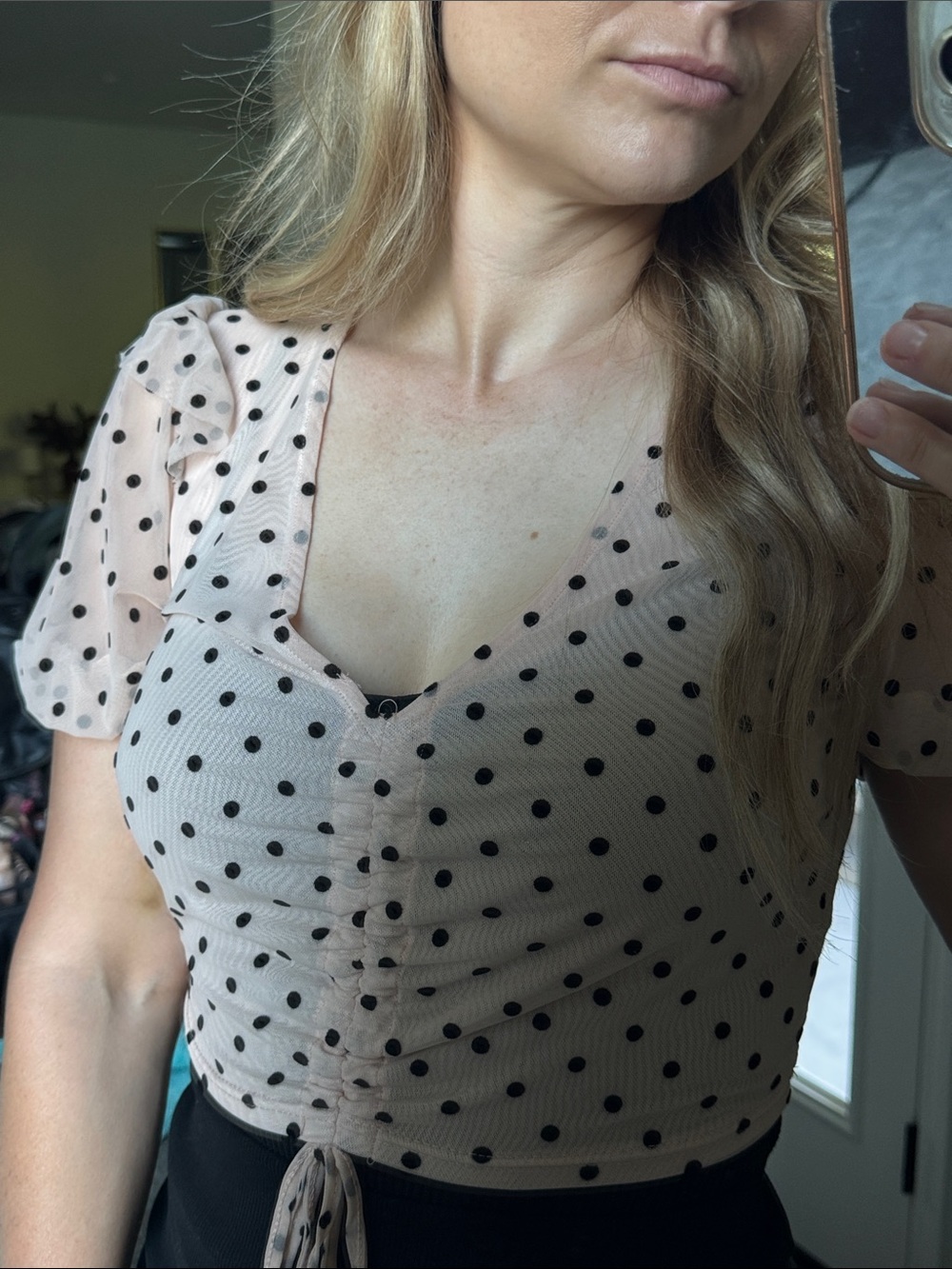 LE LIS Polka Dot Sheer Puff Sleeve Top - Peachy Tone Cream and Black - Picture 8 of 14